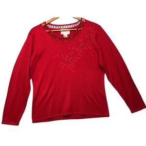 Jenny Vintage Red Floral Embroidered Beaded Cut Out Neck Holiday Festive Top L